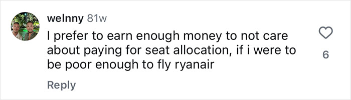 Comment about paying for seat allocation on Ryanair, highlighting opinions on plane seat and travel timing. Comment about paying for seat allocation on Ryanair, highlighting opinions on plane seat and travel timing.