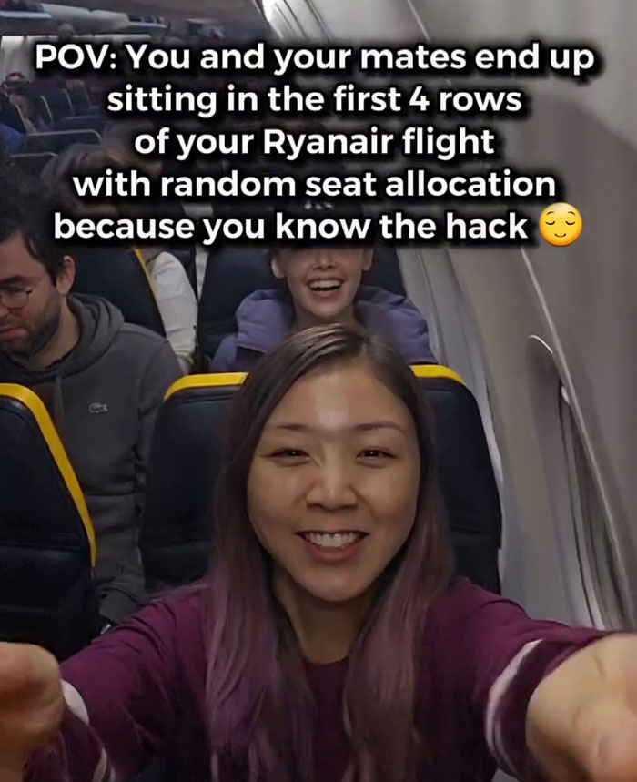 Smiling woman and friends seated in the first rows of a Ryanair flight demonstrating the best plane seat timing tip. Smiling woman and friends seated in the first rows of a Ryanair flight demonstrating the best plane seat timing tip.