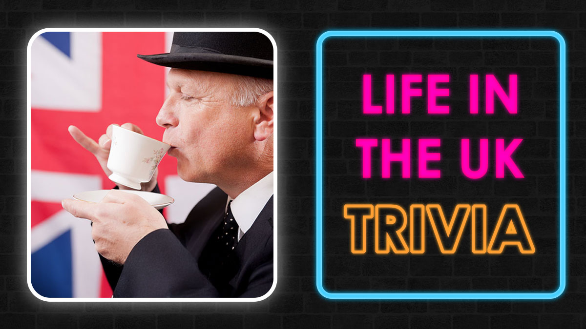 Man in traditional British attire sipping tea near Union Jack flag with Life in the UK trivia neon sign on black background