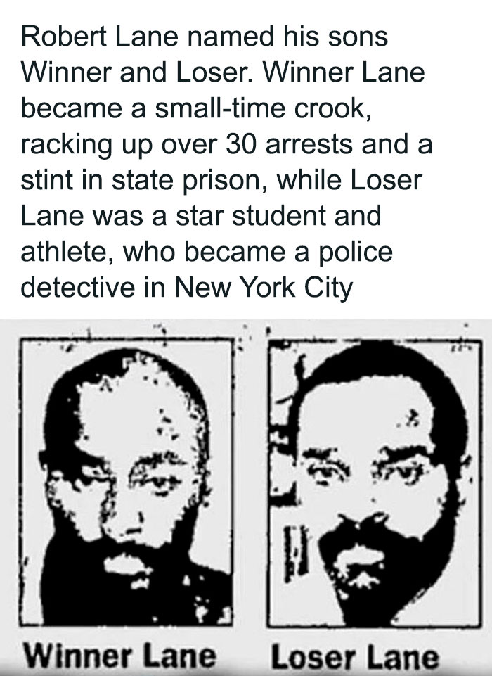 Black and white photos of two men, labeled Winner Lane and Loser Lane, highlighting a hilarious main character moment.