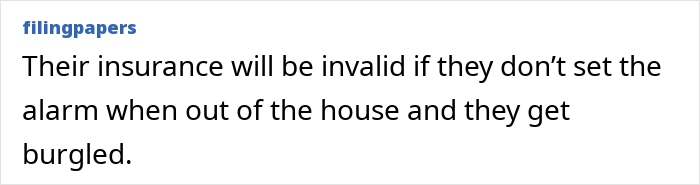 Text message about insurance warning of invalidity if alarm is not set while out of the house and burglary occurs.