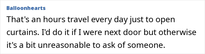Comment about husband refusing to help check on elderly parents’ home, describing travel and effort involved.