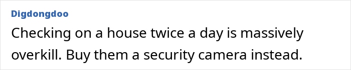 Comment suggesting using a security camera instead of checking elderly parents’ home twice a day as husband refuses to help.