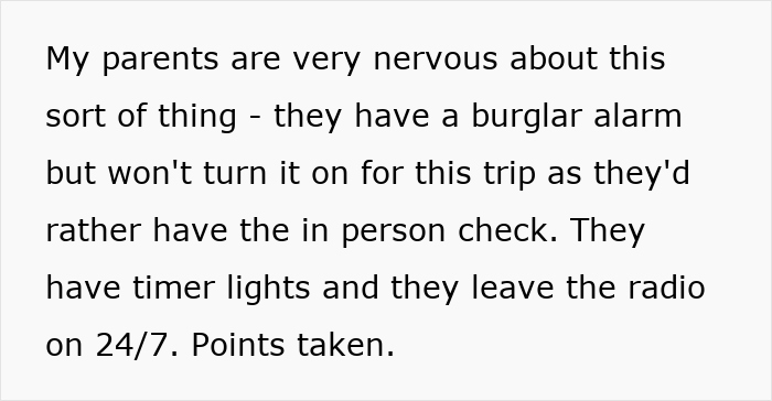 Text discussing nervous elderly parents preferring in-person home checks despite having a burglar alarm and timer lights.