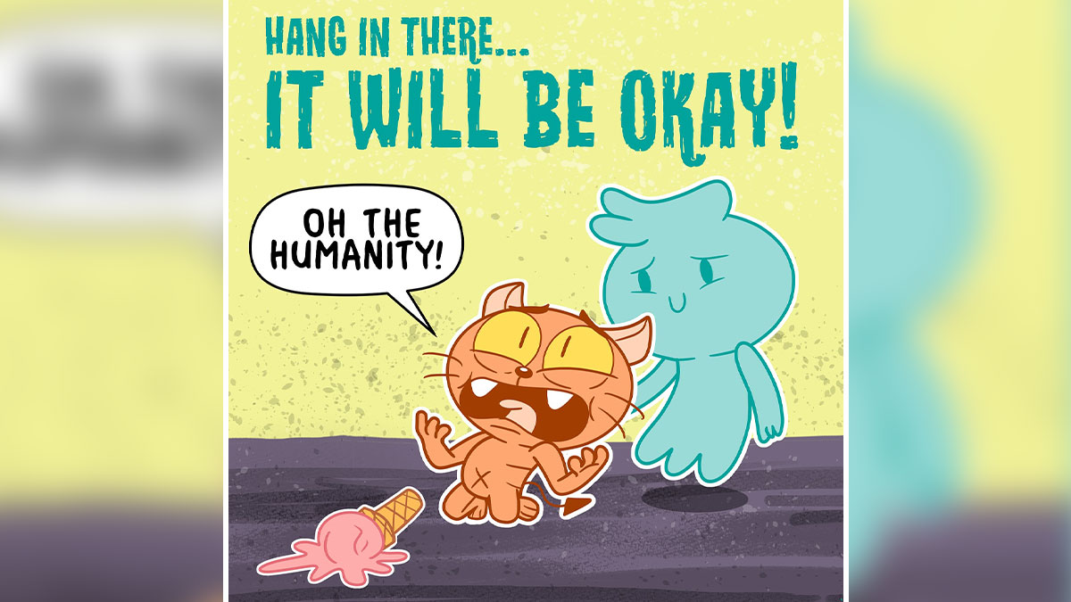 A wholesome comic panel showing a little ghost comforting a distressed cat saying it will be okay.