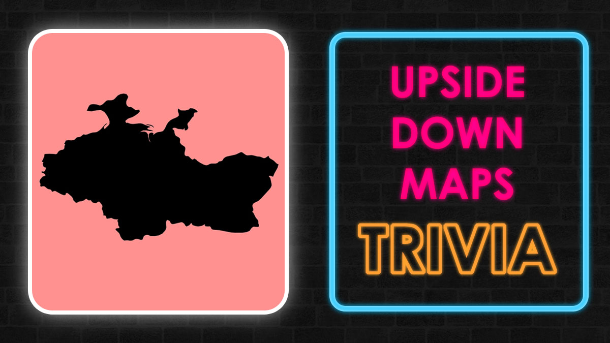 Upside down map silhouette quiz challenging viewers to name 28 countries by their inverted map shapes.