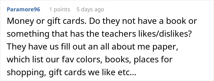 Comment about teacher appreciation week gifts, mentioning gift cards, favorite colors, books, and shopping preferences. Comment about teacher appreciation week gifts, mentioning gift cards, favorite colors, books, and shopping preferences.