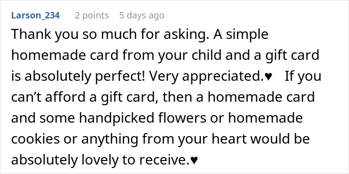 Comment about teacher appreciation week gifts suggesting homemade cards, gift cards, flowers, and cookies as thoughtful offers. Comment about teacher appreciation week gifts suggesting homemade cards, gift cards, flowers, and cookies as thoughtful offers.