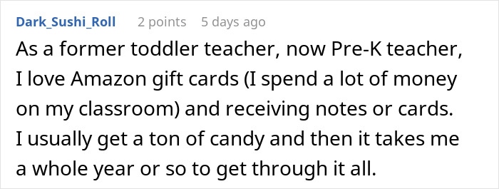 User comment about teacher appreciation week, mentioning Amazon gift cards and notes as popular gifts for teachers. User comment about teacher appreciation week, mentioning Amazon gift cards and notes as popular gifts for teachers.
