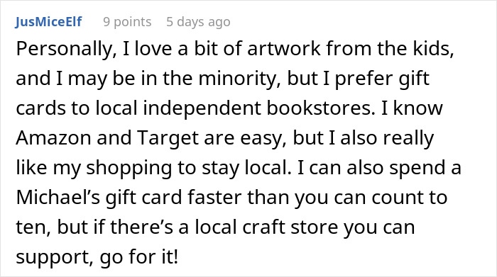 Comment discussing personal preferences for teacher appreciation gifts, highlighting local bookstore and craft store deals. Comment discussing personal preferences for teacher appreciation gifts, highlighting local bookstore and craft store deals.