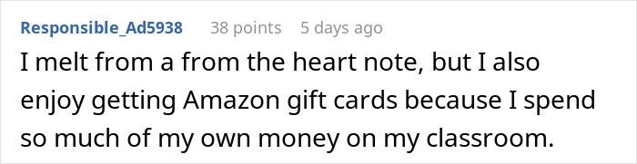 User comment about appreciating teachers and enjoying Amazon gift cards for classroom expenses during Teacher Appreciation Week. User comment about appreciating teachers and enjoying Amazon gift cards for classroom expenses during Teacher Appreciation Week.