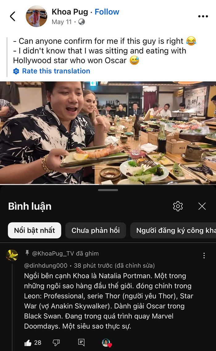 Vlogger sitting at a restaurant table holding a plate with seafood, unaware he is next to an A-list star. Vlogger sitting at a restaurant table holding a plate with seafood, unaware he is next to an A-list star.