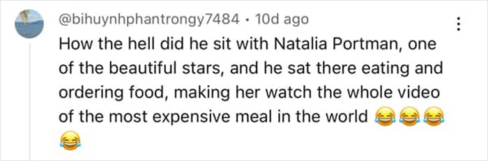 Social media comment expressing disbelief about a vlogger unknowingly sitting next to an A-list star while filming. Social media comment expressing disbelief about a vlogger unknowingly sitting next to an A-list star while filming.