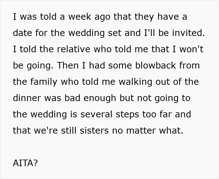Text excerpt about woman storming out of sister’s engagement dinner after being accused of stealing her ex-fiancé. Text excerpt about woman storming out of sister’s engagement dinner after being accused of stealing her ex-fiancé.