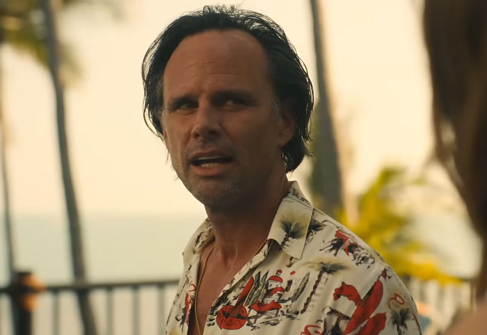Walton Goggins wearing a patterned shirt outdoors in a scene from the White Lotus, looking surprised and engaged in conversation.