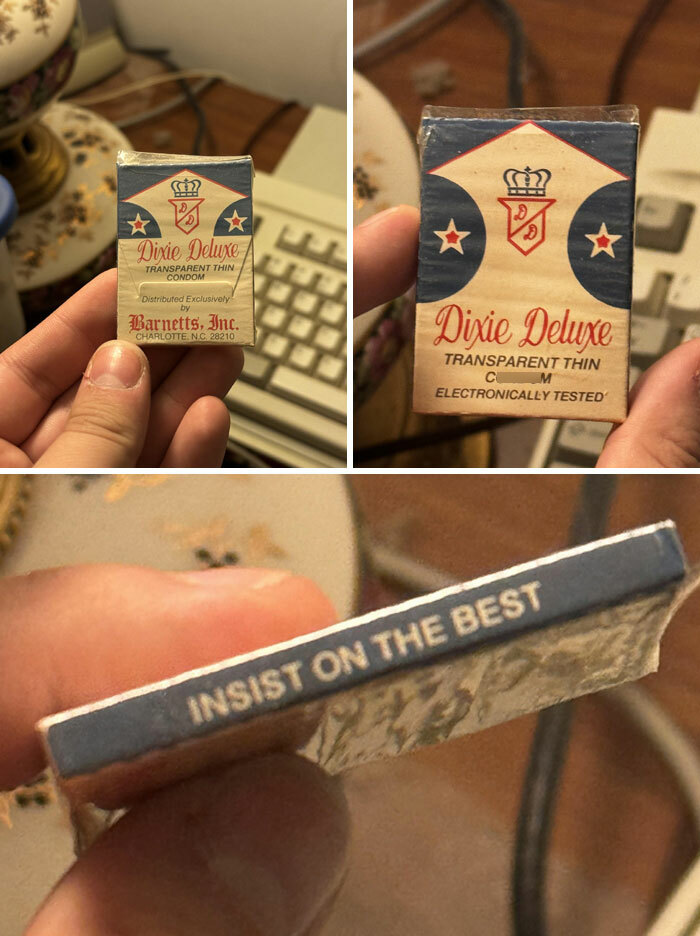 Vintage Dixie Deluxe c****m packaging found in an old house, showcasing rare and bizarre First Prize String Beans collectible item.