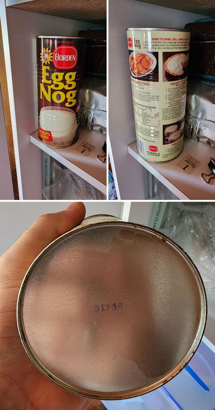 Vintage Borden egg nog can found in old house pantry with faded bottom and retro packaging design.