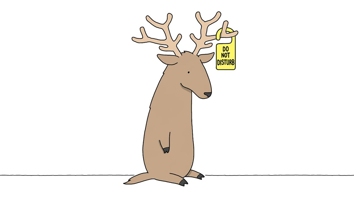 Cartoon illustration by The Simpsons animator shows humorous everyday moment of talking deer with do not disturb sign on antler.