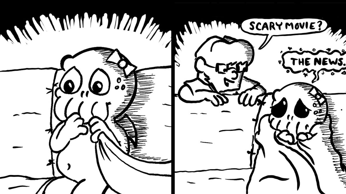 Black and white wholesome comic featuring a cute character scared of the news, showcasing witty comic art style.