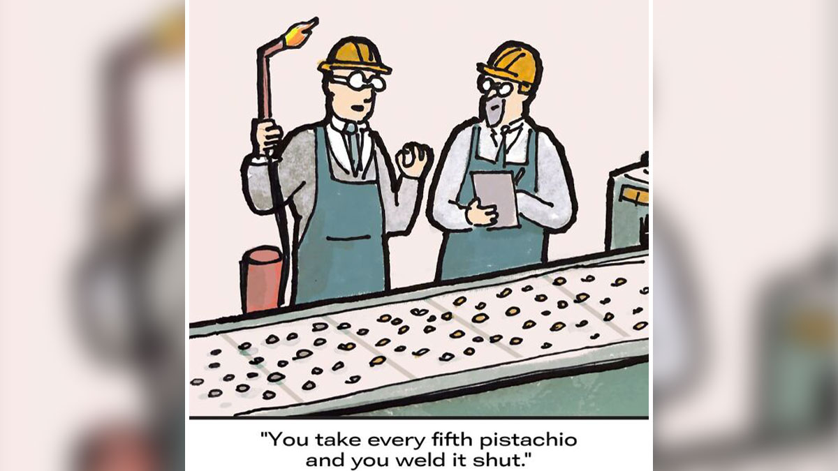One-panel comic by YetiArrow showing two factory workers inspecting pistachios on a production line.