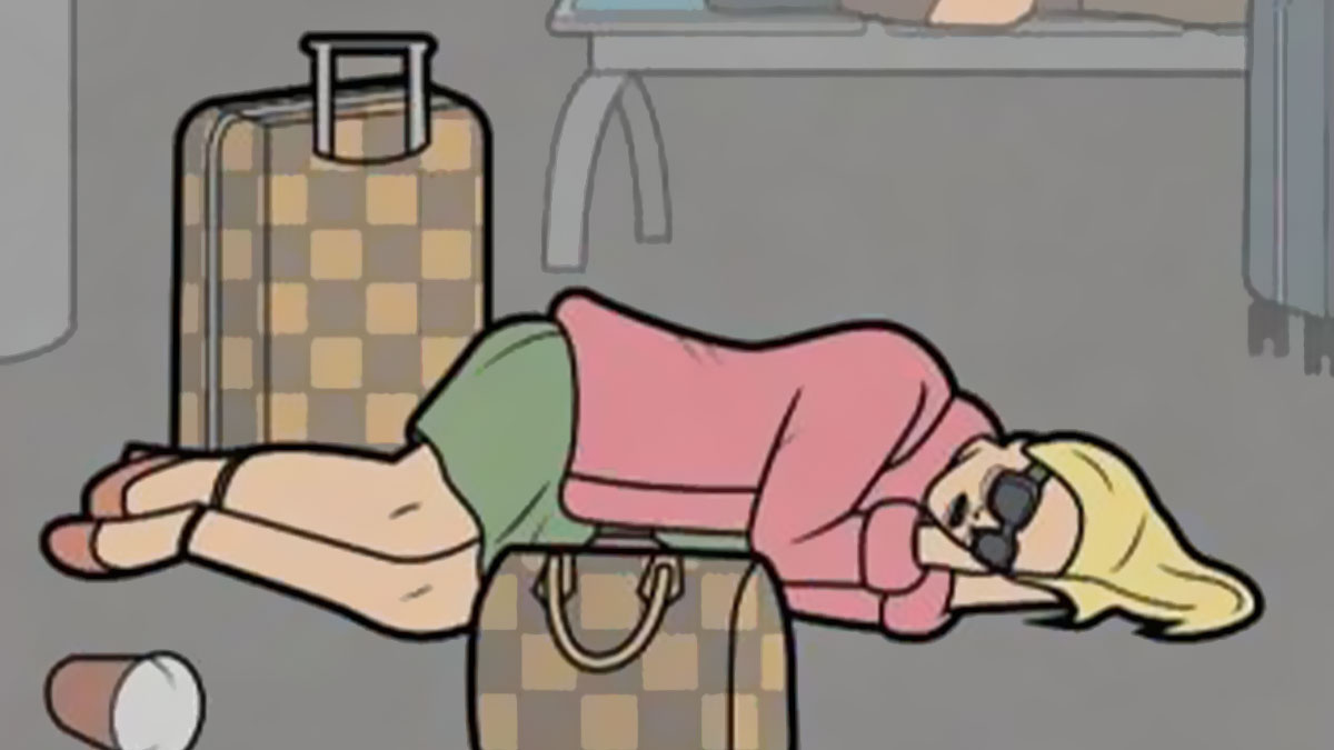 Person with sunglasses lying on luggage in an illustrated comic highlighting societyu2019s contradictory nature.