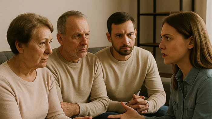 Family siblings having a tense discussion as sister refuses to turn her home into a shelter for brother’s family. Family siblings having a tense discussion as sister refuses to turn her home into a shelter for brother’s family.