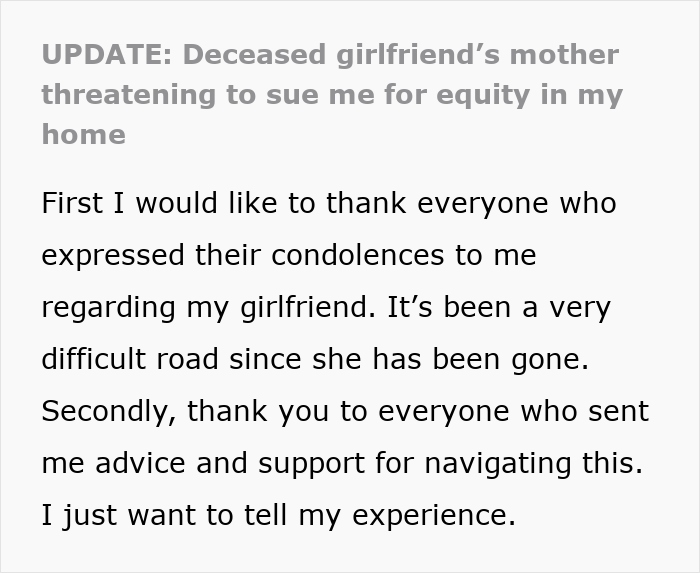 Text excerpt about man concerned late girlfriend’s mom might slap him with a lawsuit and demand $100K, seeking legal advice.
