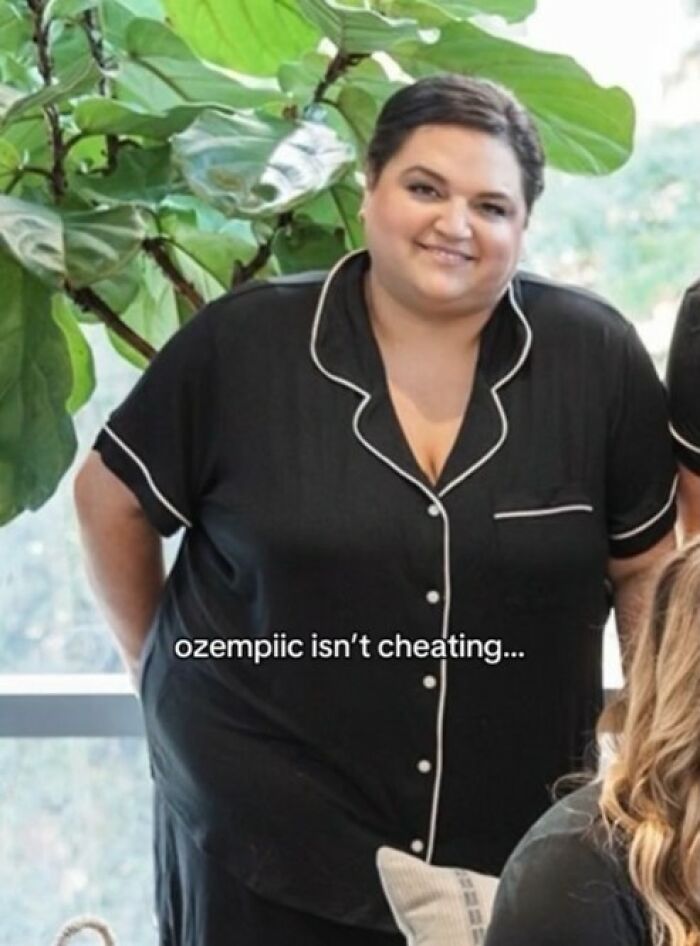 Woman smiling in black pajamas with text overlay about Ozempic weight loss and opinions online. Woman smiling in black pajamas with text overlay about Ozempic weight loss and opinions online.