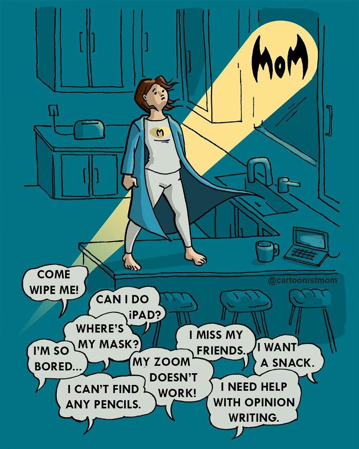 Comic illustration capturing life’s weird and awkward moments with a mom overwhelmed by kids’ demands and questions. Comic illustration capturing life’s weird and awkward moments with a mom overwhelmed by kids’ demands and questions.