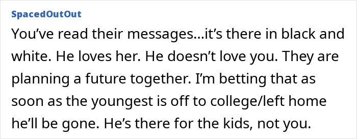 Text post showing a user discussing doubts about husband’s love amid an 8-year affair and planning a future elsewhere. Text post showing a user discussing doubts about husband’s love amid an 8-year affair and planning a future elsewhere.