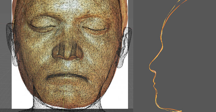 3D facial reconstruction using skull scans and portraits to recreate the faces of historic composers Mozart, Bach, and Beethoven.