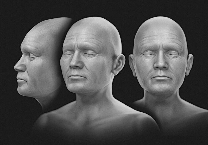 3D skull scan recreations of classical composers Mozart, Bach, and Beethoven shown in three facial views on a dark background.