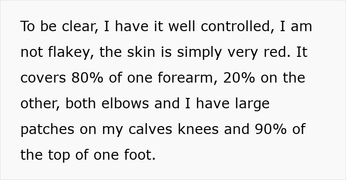 Text describing psoriasis coverage on arms, elbows, calves, knees, and foot detailing severity and control. Text describing psoriasis coverage on arms, elbows, calves, knees, and foot detailing severity and control.