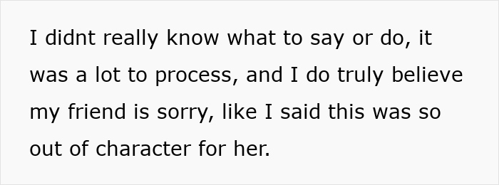 Text excerpt about processing emotions and believing a friend's apology after psoriasis and body makeup conflict at wedding. Text excerpt about processing emotions and believing a friend's apology after psoriasis and body makeup conflict at wedding.
