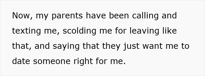 Text message showing parents scolding woman for leaving mid-dinner and wanting her to date someone right for her. Text message showing parents scolding woman for leaving mid-dinner and wanting her to date someone right for her.