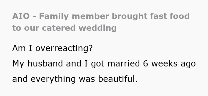 Bride spends months planning elegant wedding disrupted by rude aunt bringing fast-food wrappers and grease to event. Bride spends months planning elegant wedding disrupted by rude aunt bringing fast-food wrappers and grease to event.