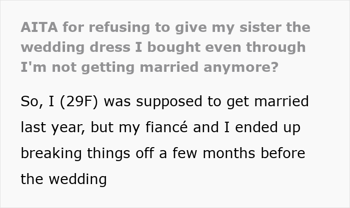 Text excerpt about a woman facing wedding dress sisters drama after breaking off her wedding plans. Text excerpt about a woman facing wedding dress sisters drama after breaking off her wedding plans.