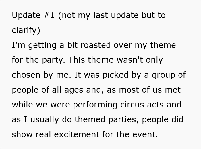 Text update explaining a birthday party theme chosen by longtime friends and ghost friend, sparking excitement.