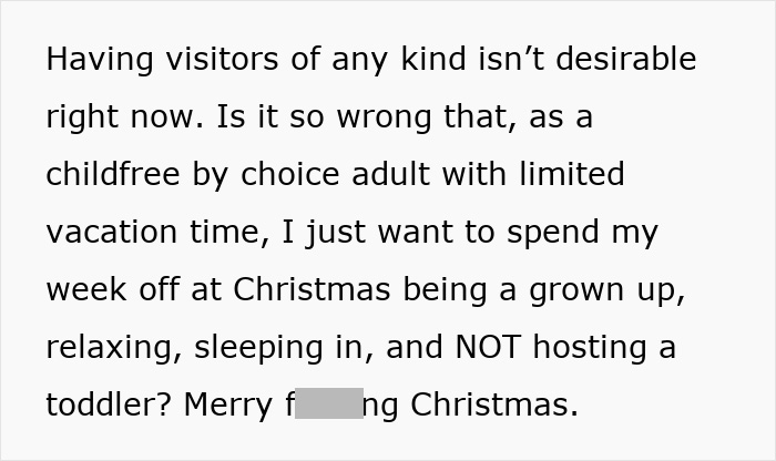 Text from woman setting boundaries about hosting toddler during limited vacation time, expressing frustration. Text from woman setting boundaries about hosting toddler during limited vacation time, expressing frustration.
