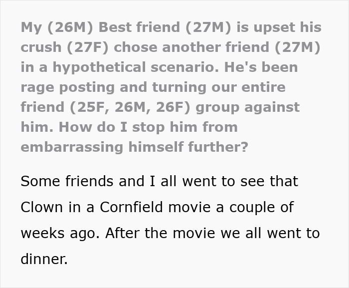 Text post describing a guy turning psycho on friends after his crush chose his friend in a hypothetical scenario. Text post describing a guy turning psycho on friends after his crush chose his friend in a hypothetical scenario.