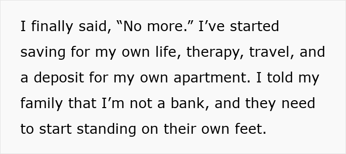 Text excerpt about teacher deciding to stop paying family bills, focusing on self-care and independence. Text excerpt about teacher deciding to stop paying family bills, focusing on self-care and independence.
