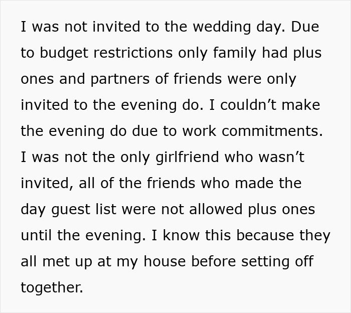 Text excerpt describing guests and plus ones invited to a wedding, mentioning boyfriend bouquet wedding bride context. Text excerpt describing guests and plus ones invited to a wedding, mentioning boyfriend bouquet wedding bride context.