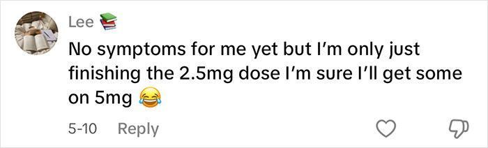 Social media comment discussing symptoms and dosage experience of a woman using Mounjaro for weight loss. Social media comment discussing symptoms and dosage experience of a woman using Mounjaro for weight loss.