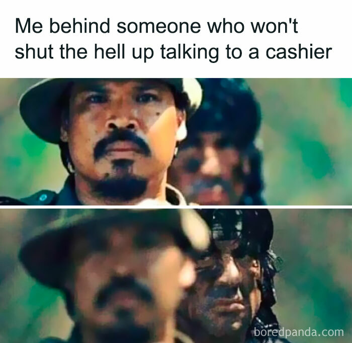 Man with hat and mustache looking annoyed behind someone talking nonstop at a cashier, relatable memes for laugh today.
