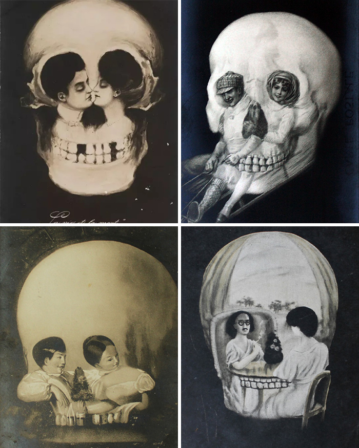 Vintage optical illusion art featuring skulls and people, showcasing history pics that look confusing now in black and white.