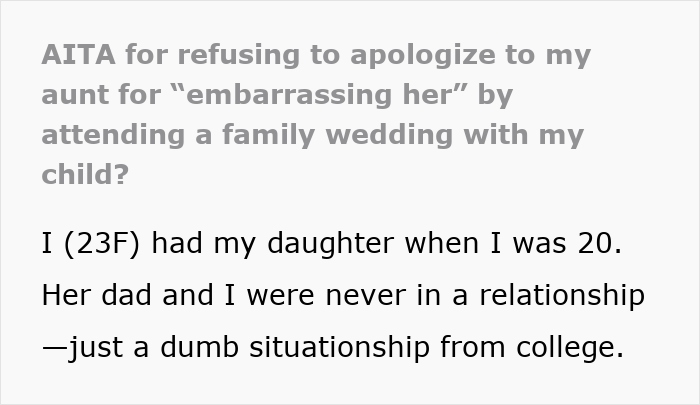 Young mom attending family wedding with her child faces accusations of shaming the bride’s legacy and family values.