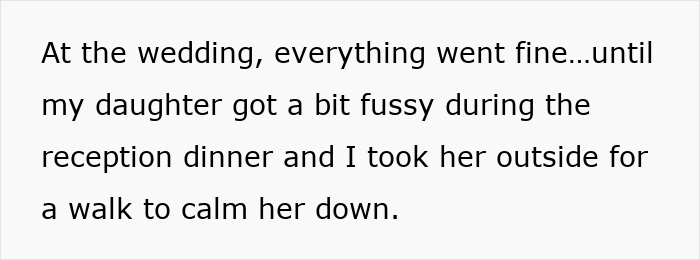 Alt text: Young mom at family wedding taking her fussy kid outside during reception, facing accusations of shaming the bride’s legacy.