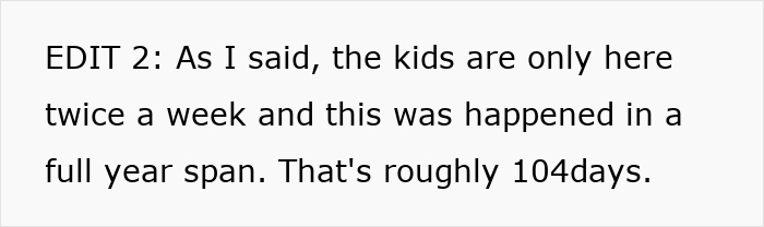 Text excerpt explaining that kids visit twice a week, causing damage over roughly 104 days in a year. Text excerpt explaining that kids visit twice a week, causing damage over roughly 104 days in a year.