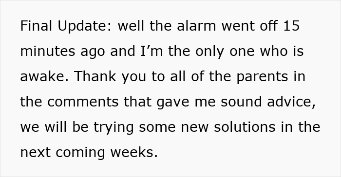 Text post describing being the only awake after alarm, highlighting the wife sacrificing sleep while husband enjoys lazy mornings. Text post describing being the only awake after alarm, highlighting the wife sacrificing sleep while husband enjoys lazy mornings.