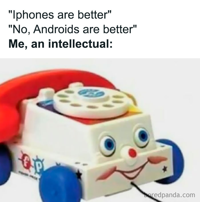Meme featuring a vintage rotary toy phone humorously contrasting modern smartphone debates with nostalgic tech.